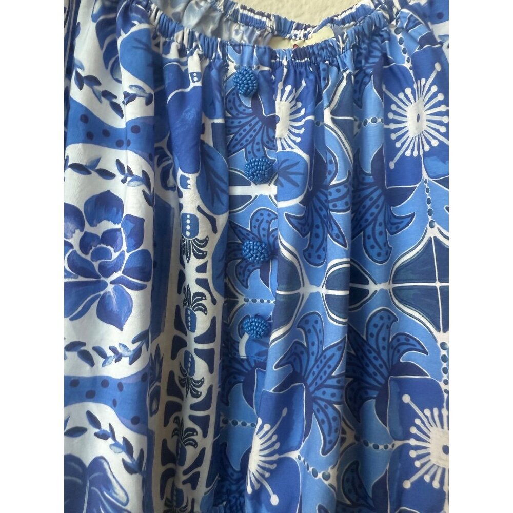Farm Rio Maxi Blue And White Belted Dress Size L Anthropologie Blue Tile Dream - Picture 8 of 15